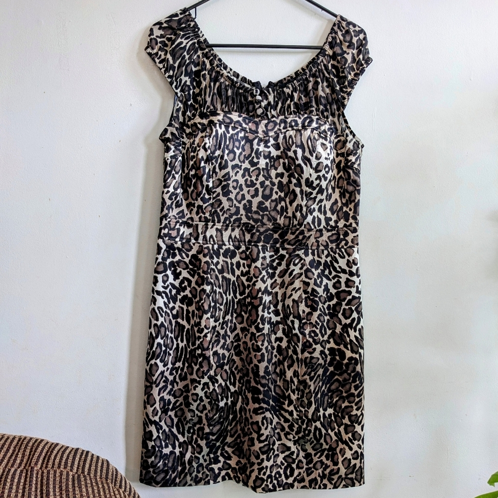 Guess Los Angeles Size 12 Leopard Dress Cream Brown and Black with sheer sleeves